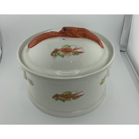 RARE French Hand Painted Crock Dish Porcelaine‎ de France Mid Century Seafood - Picture 2 of 10